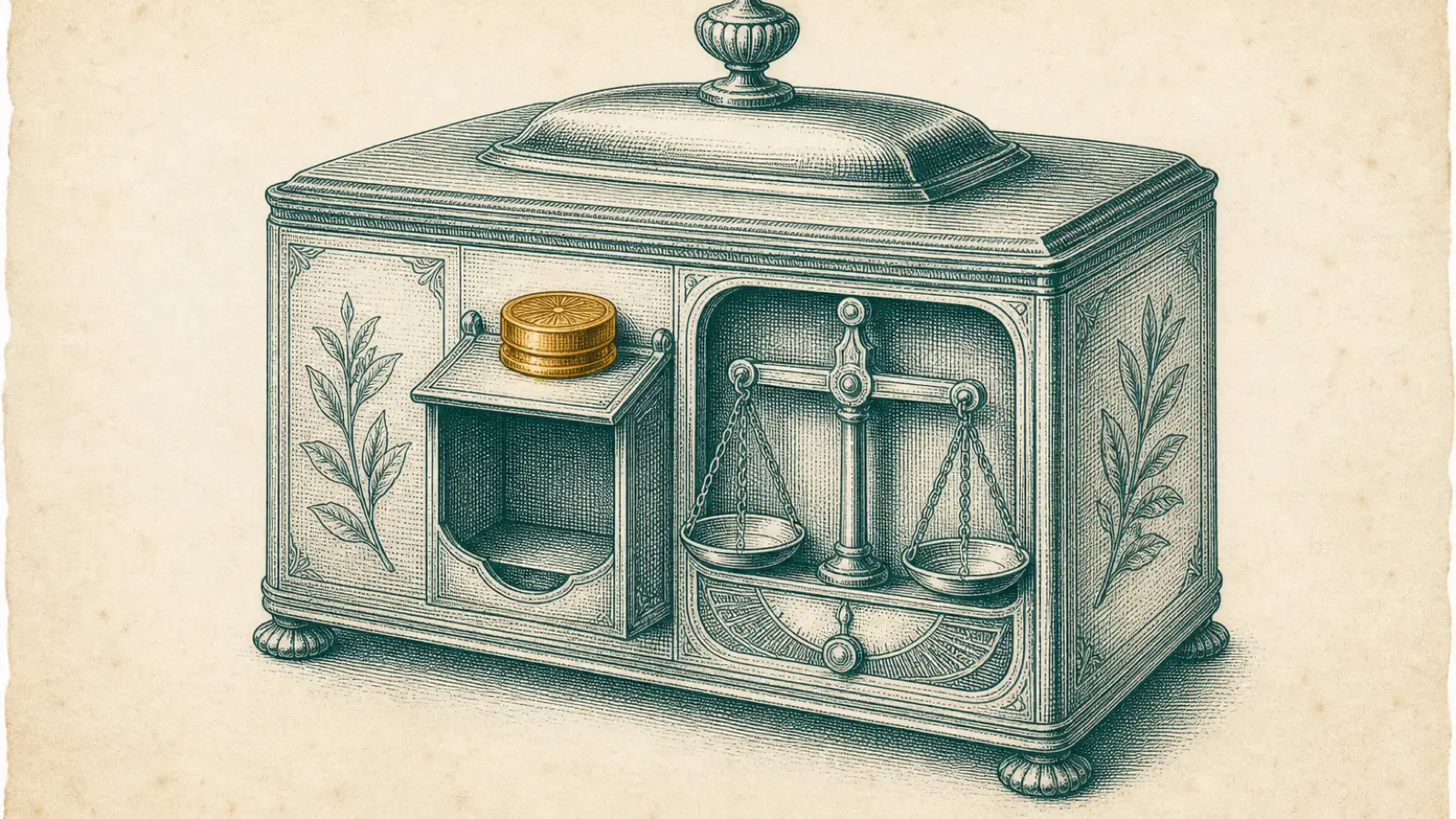 An antique engraved tea caddy with an integrated balance scale is centered on warm cream laid paper, marked by a single small amber sample seal.