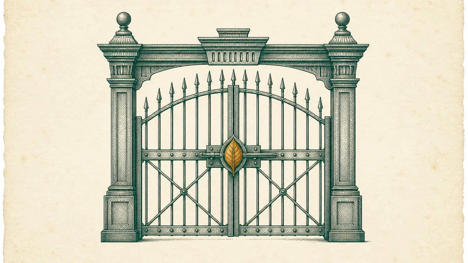 An antique engraved customs gate stands centered on warm cream paper, with a single small amber tea-leaf inspection seal on its latch.