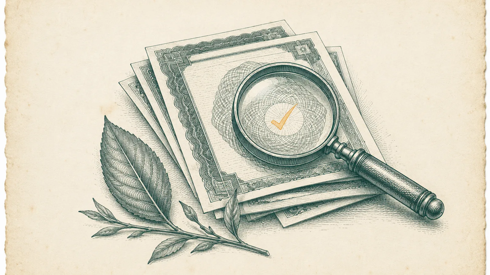 A copperplate engraving of a magnifying glass and a check mark resting on a stack of tea-supplier documents, used here for a side-by-side comparison of three US market-access regimes.