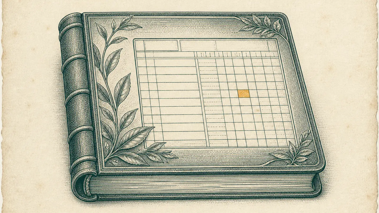 A centered deep-evergreen copperplate engraving shows a botanical customs audit ledger on warm cream laid paper, with one small amber highlighted cell in its abstract grid.