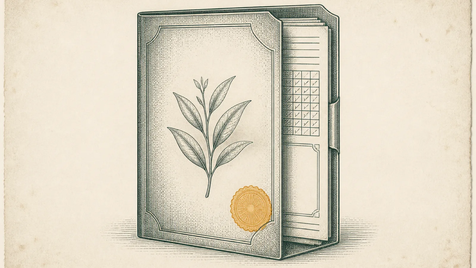An antique engraved document file stands centered on warm cream paper, with a single small amber certification seal on its cover.