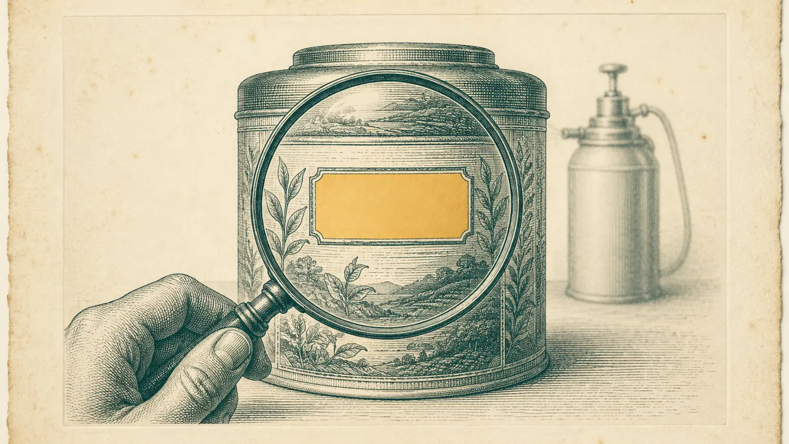 A copperplate engraving of a hand holding a magnifying glass over a tea tin label, the lens focused on a blank amber gap where text should sit, with a pesticide sprayer faded out of focus in the background.