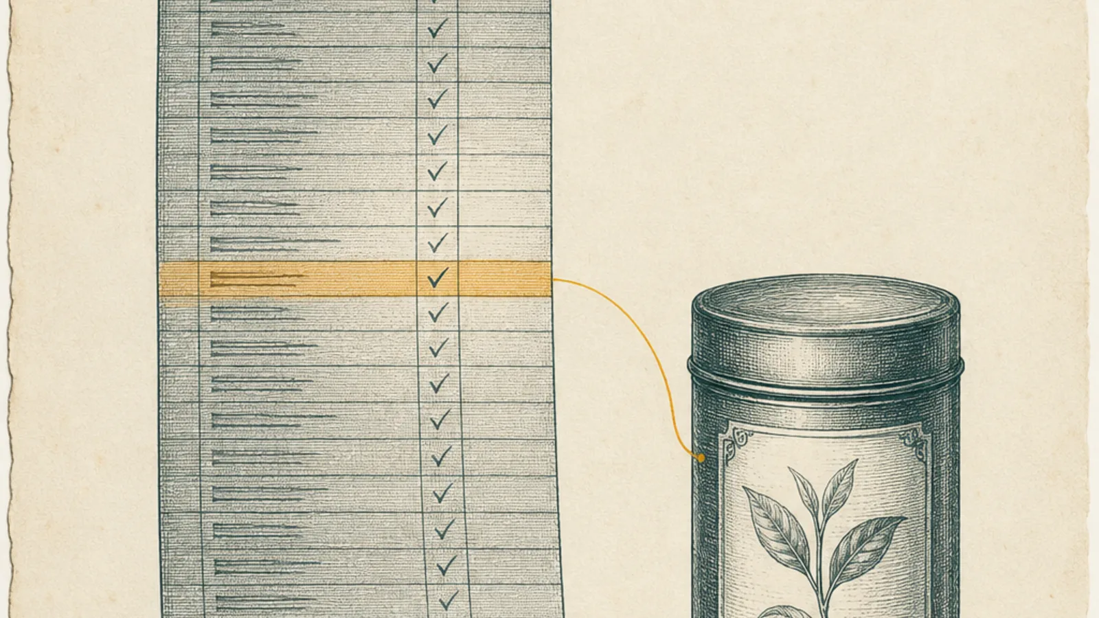 A copperplate engraving of a long checklist ledger next to a tea tin, with a single amber line drawn from the tin to the one row on the ledger that applies, the rest of the rows fading into cross-hatched shadow.