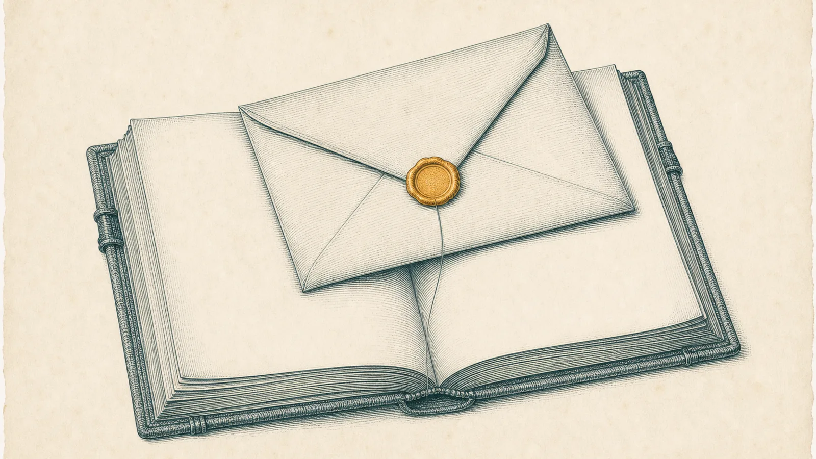 A copperplate engraving of a wax-sealed envelope resting atop an open ledger, a fine engraved thread running from the seal down between the ledger's pages.