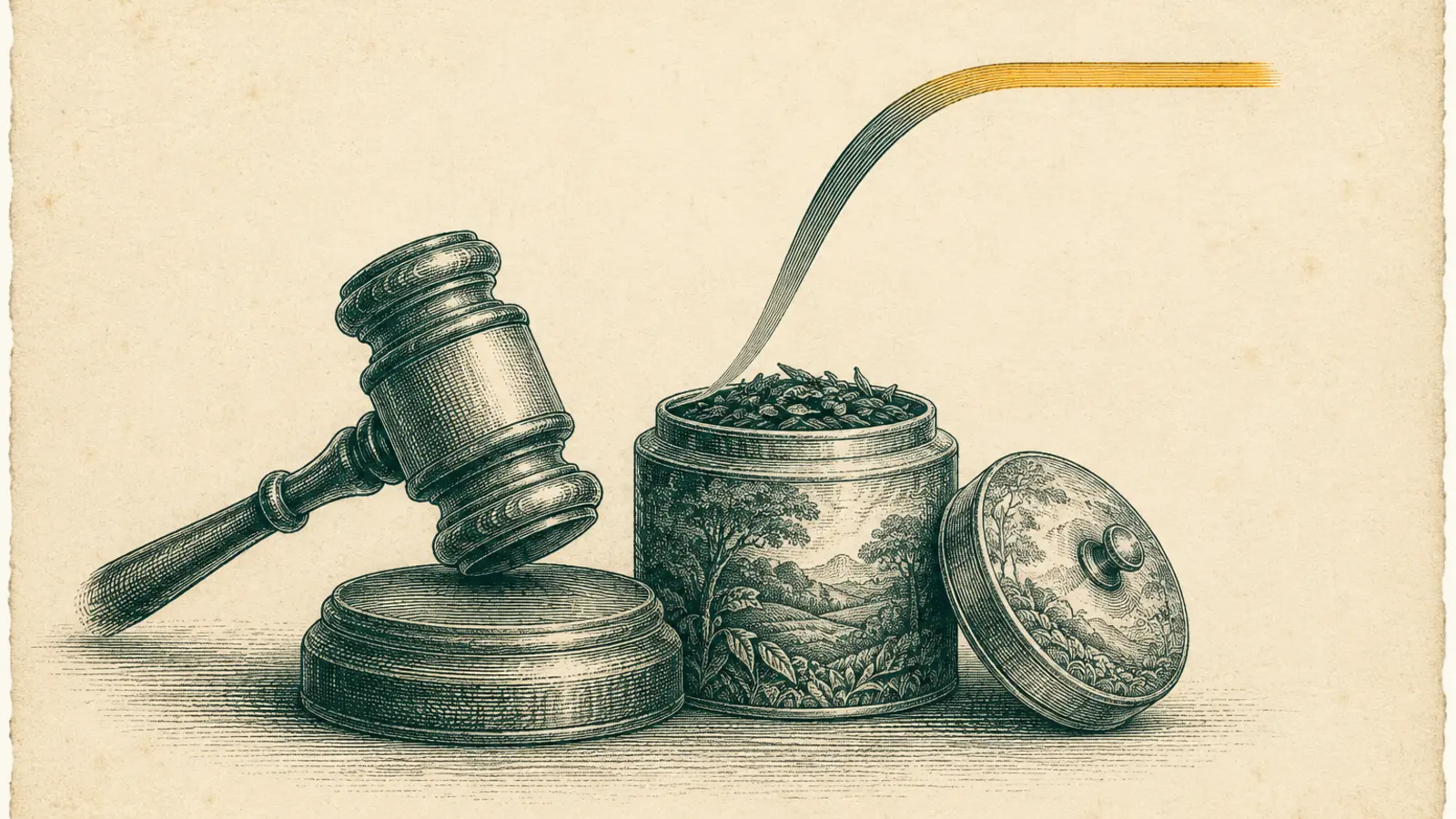 A copperplate engraving of an auctioneer's gavel resting beside an open tea caddy, with a hatched line rising from the caddy in place of steam and flattening out high across the plate, its level top picked out in amber.
