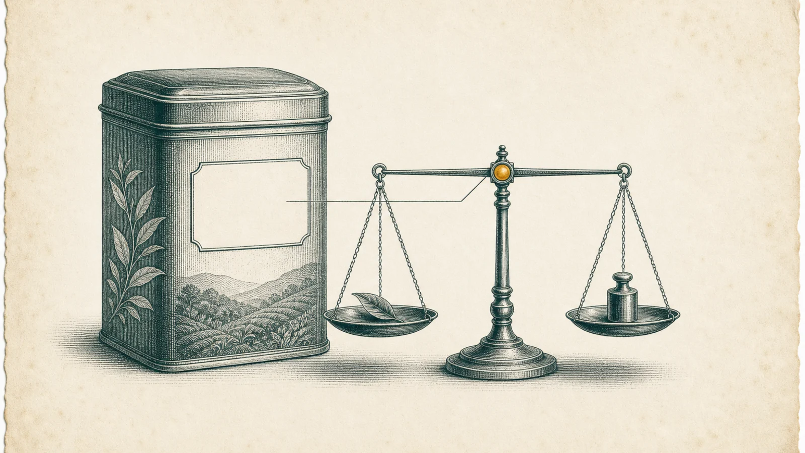 A copperplate engraving of a tea tin with a blank warning-label shape, connected by a fine line to a balance scale weighing a single tea leaf against a small weight, the beam level at the tipping point.