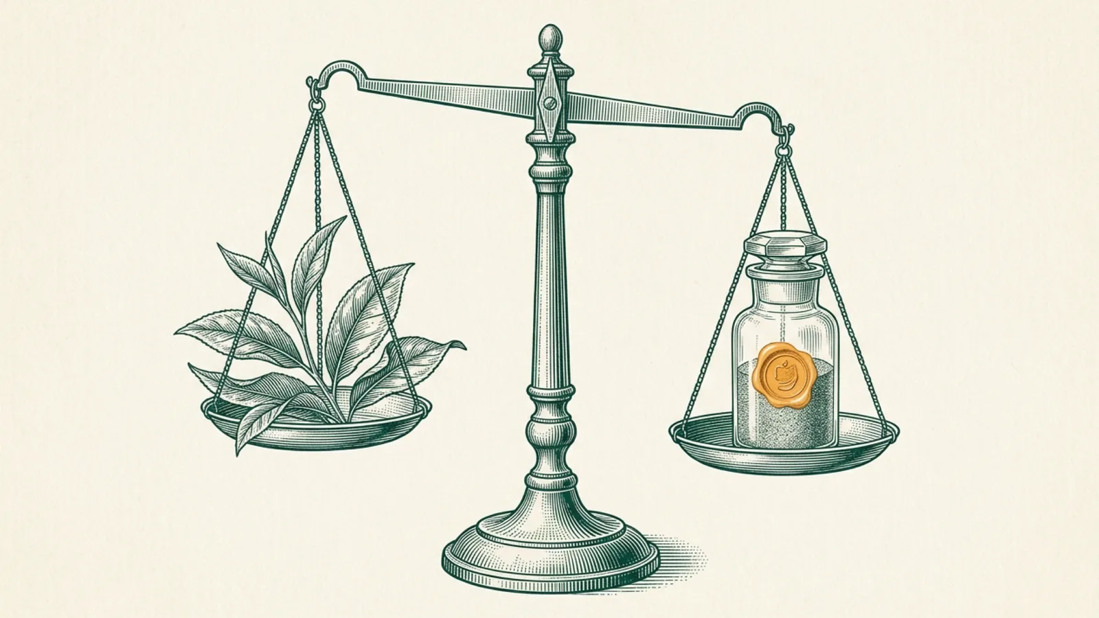An antique copperplate engraving on warm cream paper depicting a two-pan balance scale weighing whole tea leaves against a glass apothecary jar of powdered botanicals bearing a single hand-tinted amber wax seal.