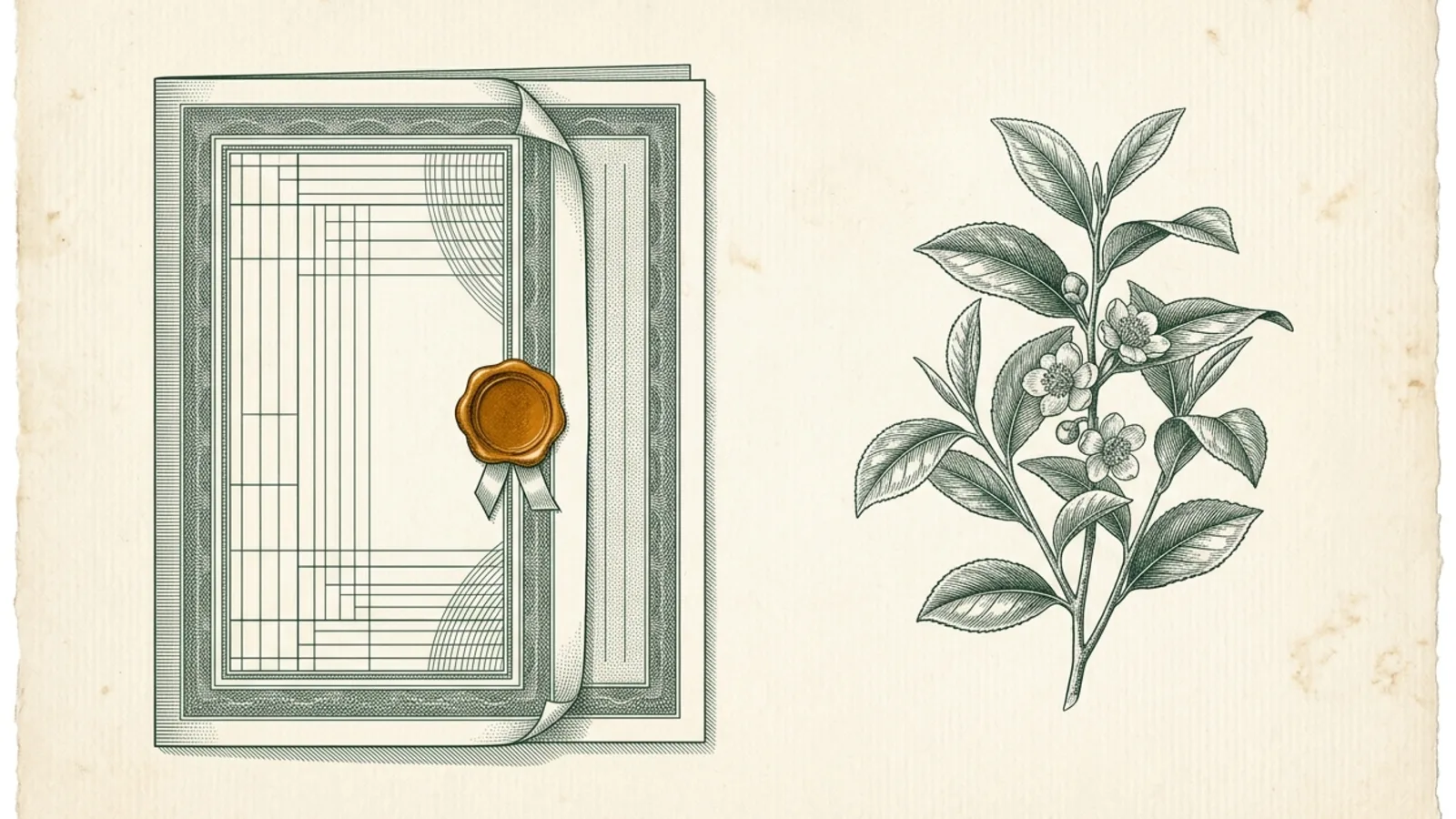 A copperplate engraving in deep-evergreen line on warm cream laid paper depicting an official export filing docket with abstract ruled lines alongside a botanical tea branch, sealed with a single hand-tinted amber wax seal.