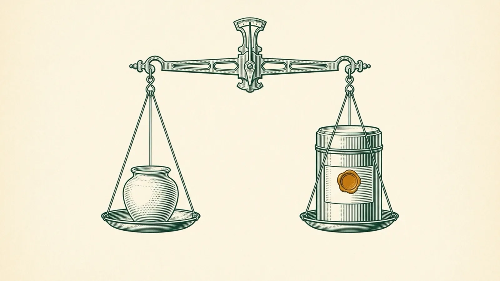An antique engraved balance scale balances a delicate ceramic tea jar against a large cylindrical metal tea caddy bearing a single hand-tinted amber wax seal.