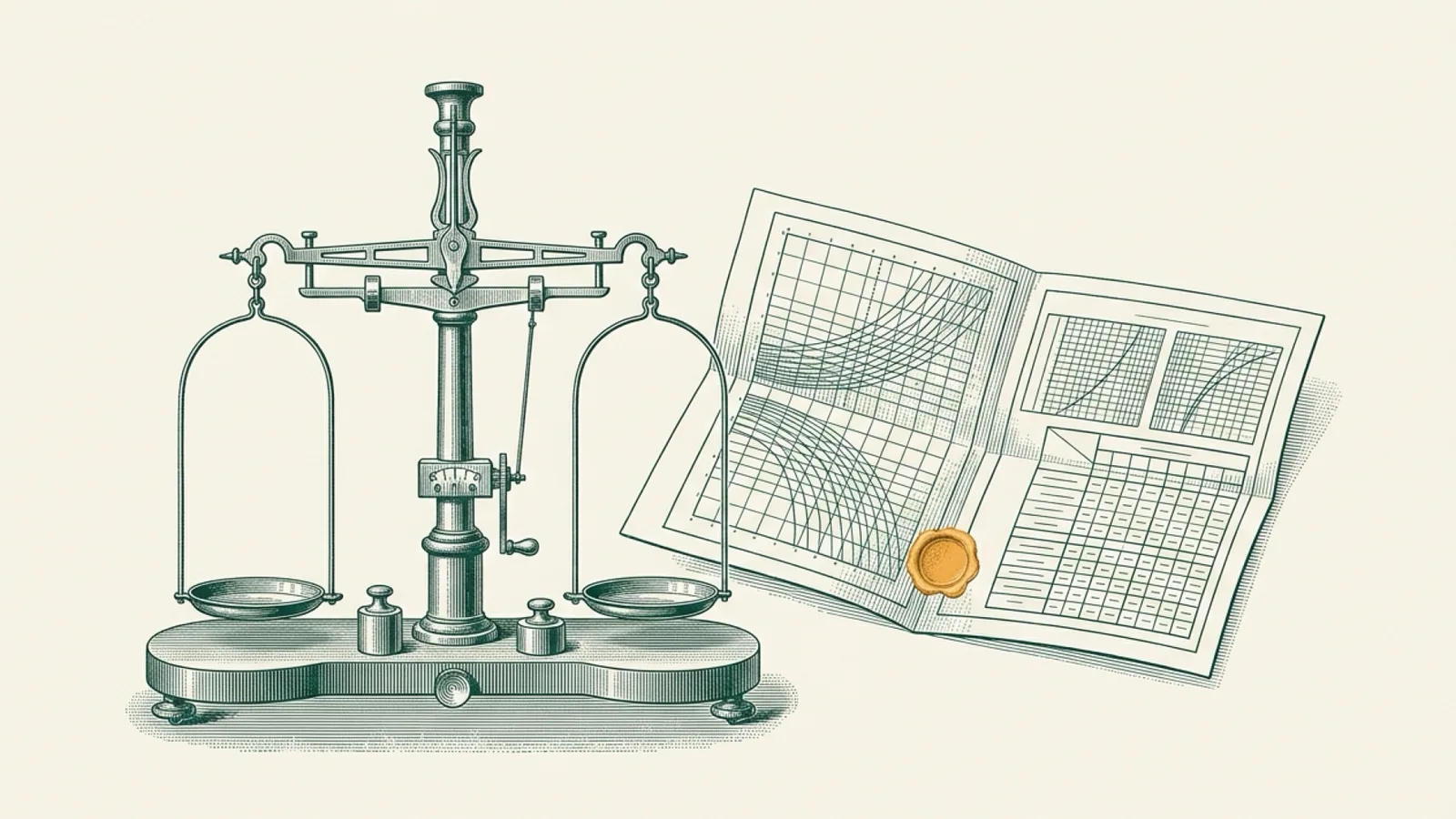An antique copperplate engraving of a precision analytical balance scale beside an open laboratory test certificate folio, sealed with a single hand-tinted amber wax stamp.