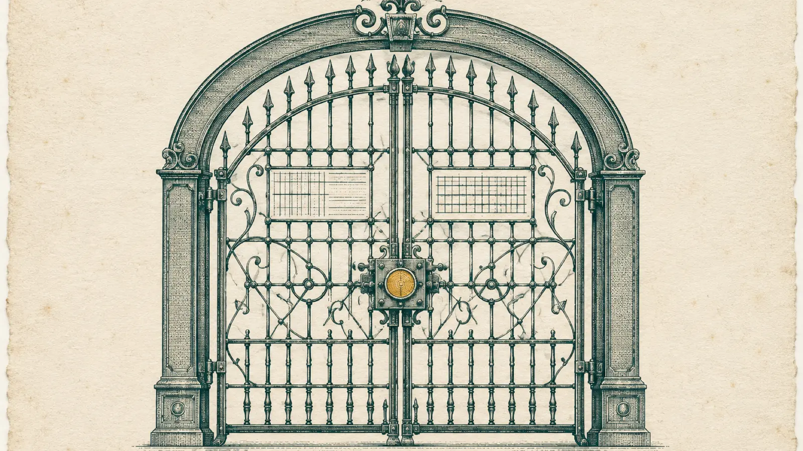 An antique copperplate customs gate stands centered on warm cream laid paper, with one small amber inspection marker on its central lock.