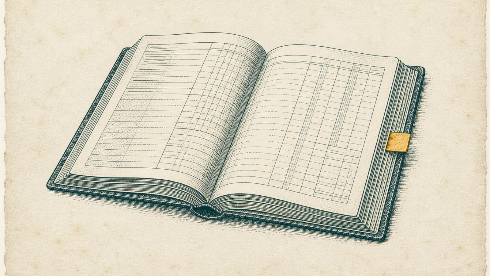 An antique copperplate engraving of an open export-pricing ledger on cream laid paper, marked by one small amber paper tab.