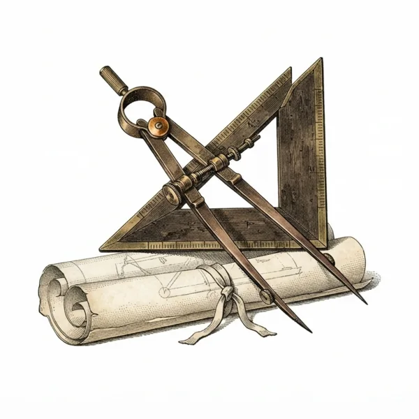 A hand-colored engraving of brass drafting instruments