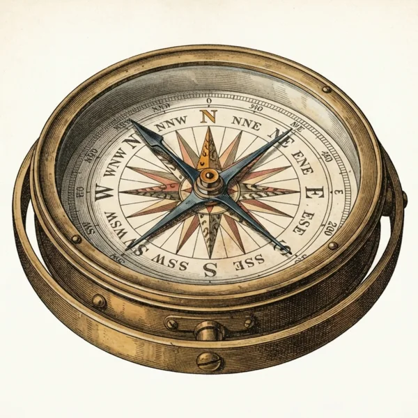 A hand-colored engraving of a brass mariner compass