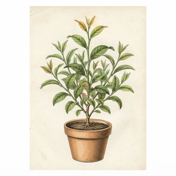 A hand-colored engraving of a flourishing young tea plant
