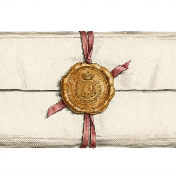 A hand-colored engraving of a wax-sealed document