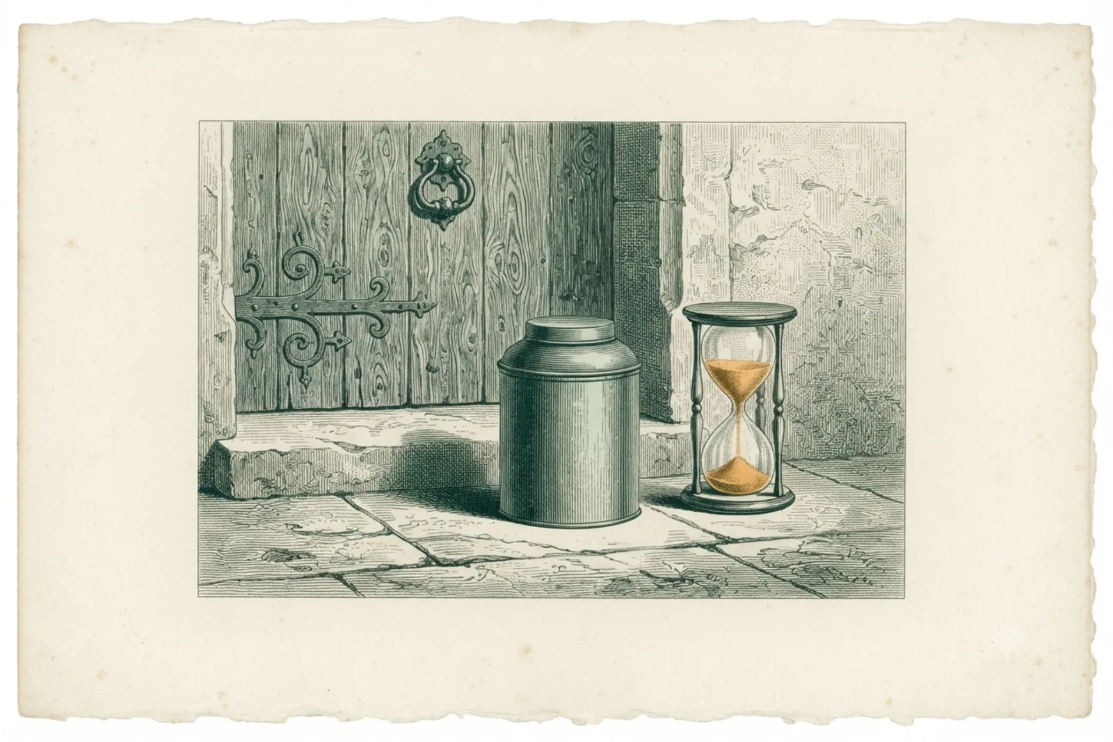 Copperplate engraving: a tea tin and hourglass waiting before a closed door