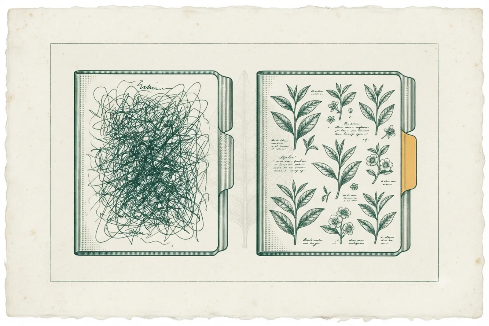 Copperplate engraving: an open folder, one page scrambled and one page legible