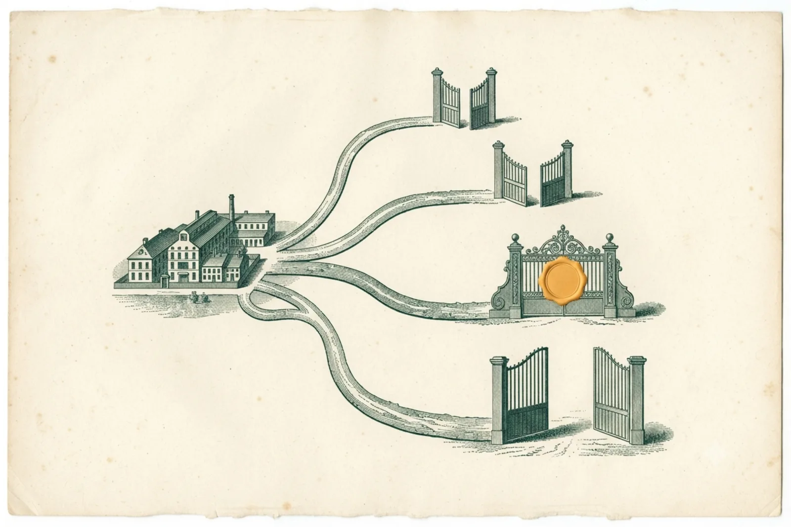 Copperplate engraving: one factory with four routes to four buyer gates, one sealed