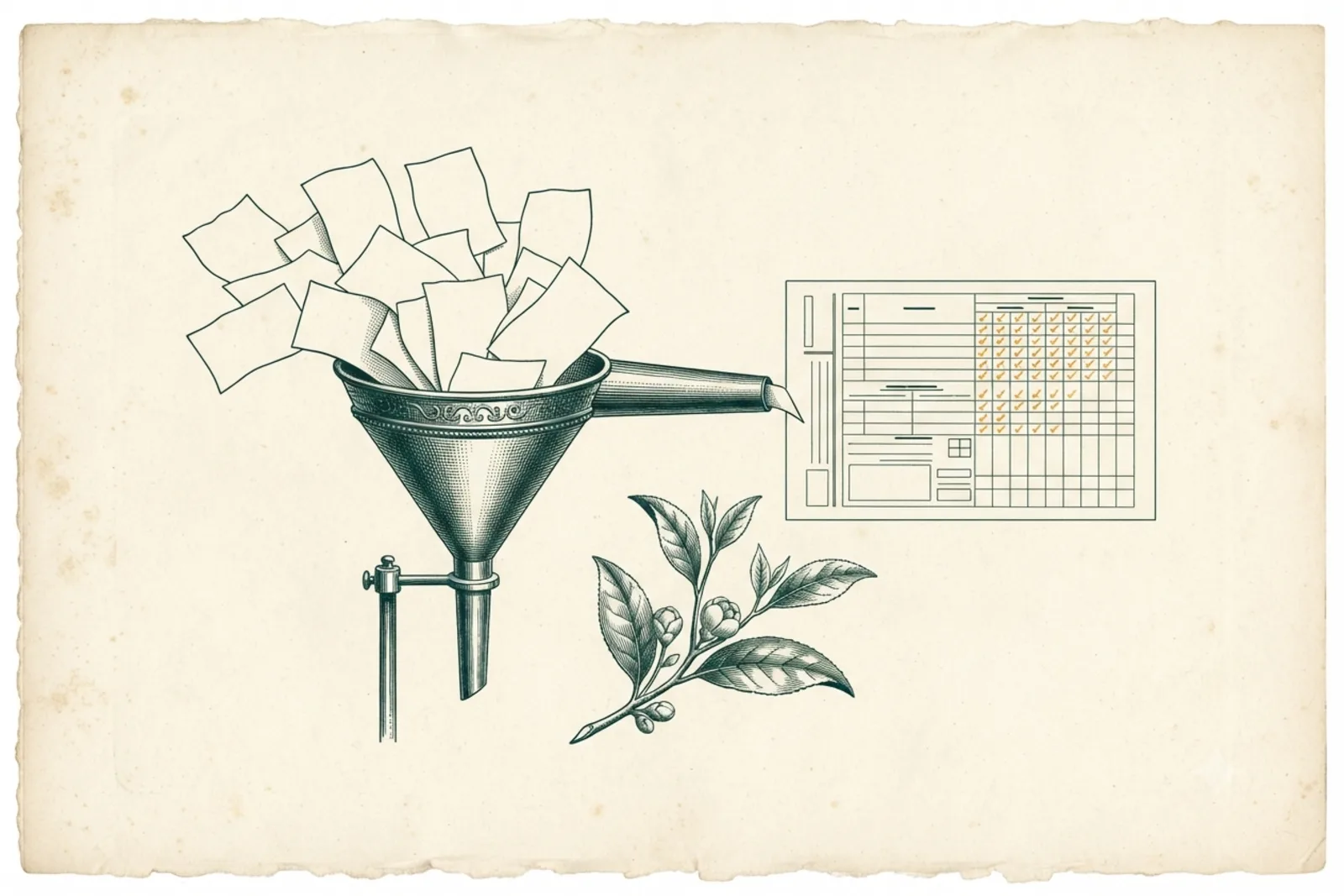 Copperplate engraving: scattered factory papers funnel into one clean questionnaire